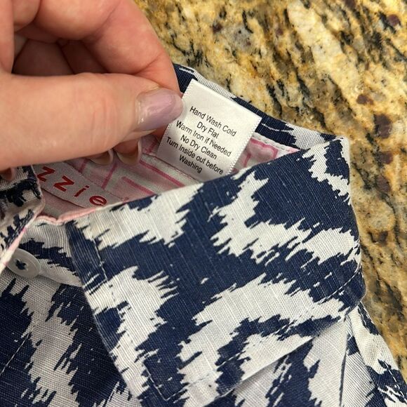 Tizzie Linen Blend Geo Print Fringe Hem Button-Up Shirt Size XS - Picture 2 of 9